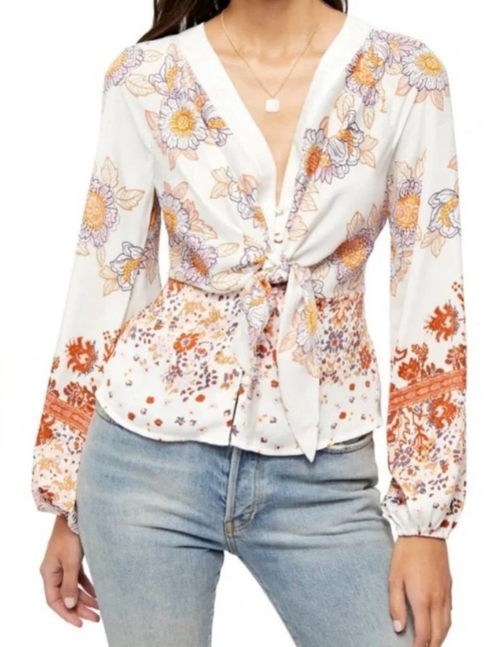 Free People Boho “Run Free” Floral Blouse - White with Orange & Lavender Size S